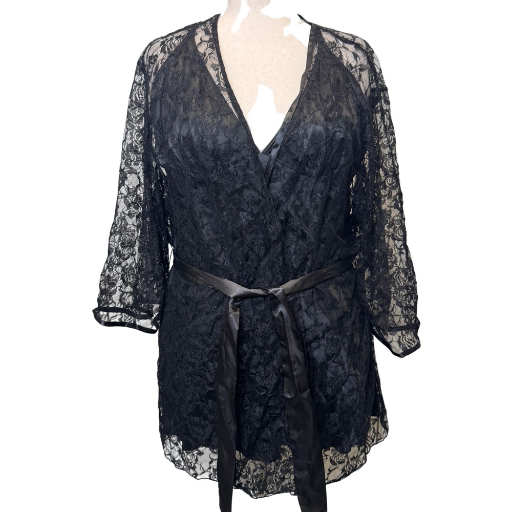 Dreamgirl Womens Robe Chemise Set 3X/4X Black Lace Satin Intimate Romantic Glam